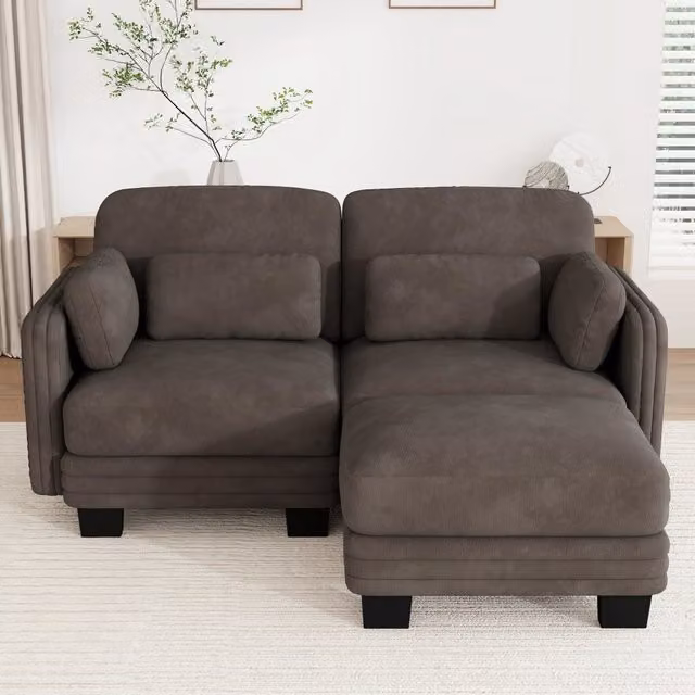 Divano modulare angolare con ottomana in tessuto ciniglia; 176 x 143 x 88 cm; marrone