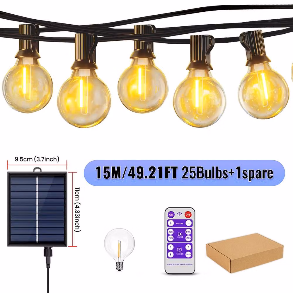 Catena luminosa LED G40 - Luci solari - 15 metri con 26 lampadine LED - Luce bianco caldo - 8 modalità di illuminazione lampeggiante - Telecomando - Dimmerabile e grado di protezione IP44