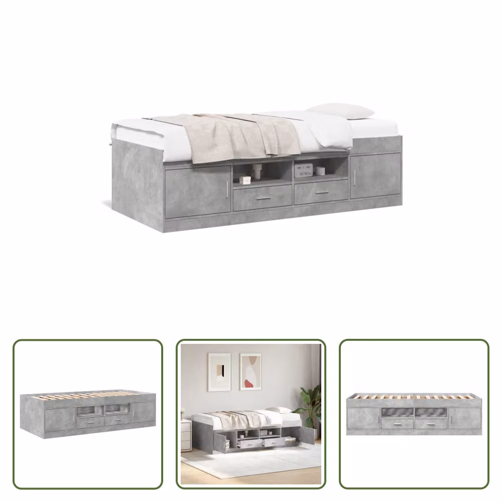 The Living Store Letto da giorno con cassetti grigio cemento 90x190 cm materiale legno