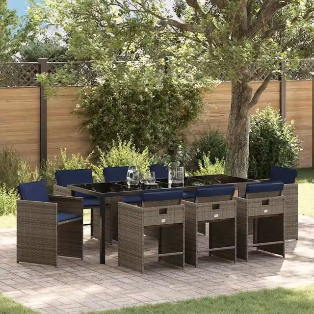 Set da pranzo per giardino e terrazzo vidaXL in polyrattan e vetro grigio, 9 pezzi – 1