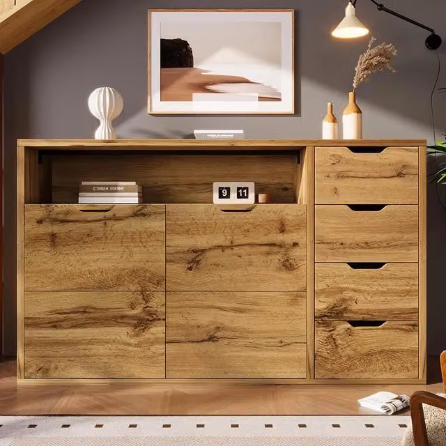 Credenza Sideboard - Xylo - 150x40x90 cm - Aspetto quercia - 4 cassetti, ripiani regolabili, sistema Softclose