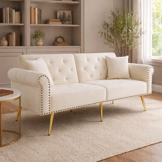 Divano letto MIVRAY a 2 posti in velluto beige con doppio schienale regolabile e piedi in metallo dorato con 2 cuscini L: 147 cm, P: 85 cm, H: 76 cm