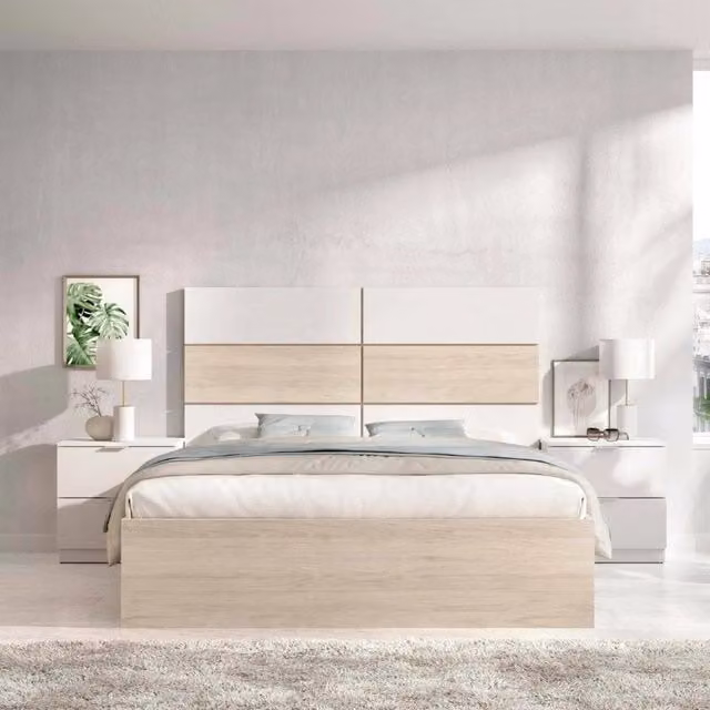 Letto matrimoniale DMORA Alina con cassetti, Bianco e Rovere, L: 266.6 cm, P: 205.4 cm, H: 121.8 cm