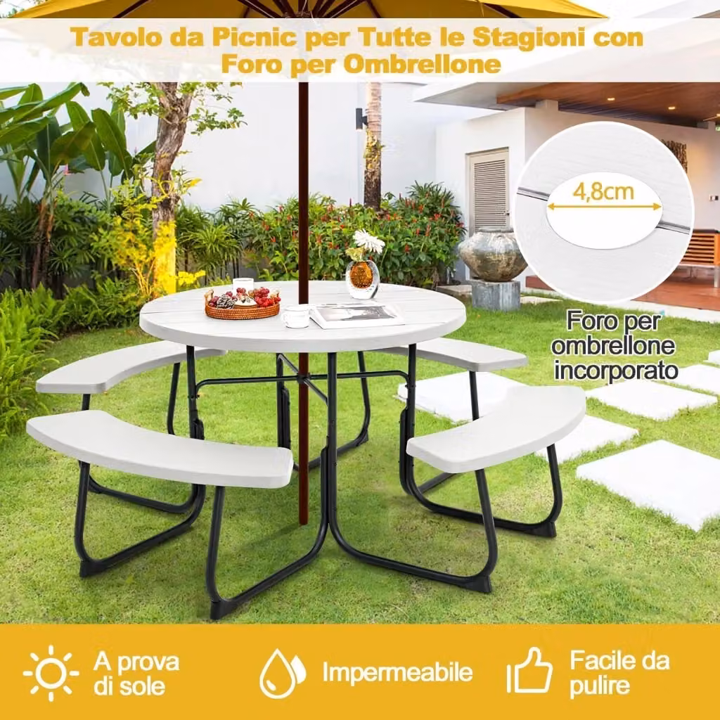 Set Tavolo da Picnic Rotondo Costway con 8 Posti e 4 Panche, in Metallo e Plastica, Bianco – 2