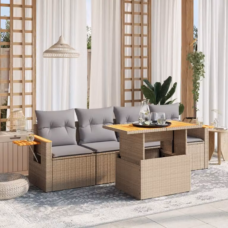 vidaXL Set Divano da Giardino 5 pz in Polyrattan Beige con Cuscini e Tavolino