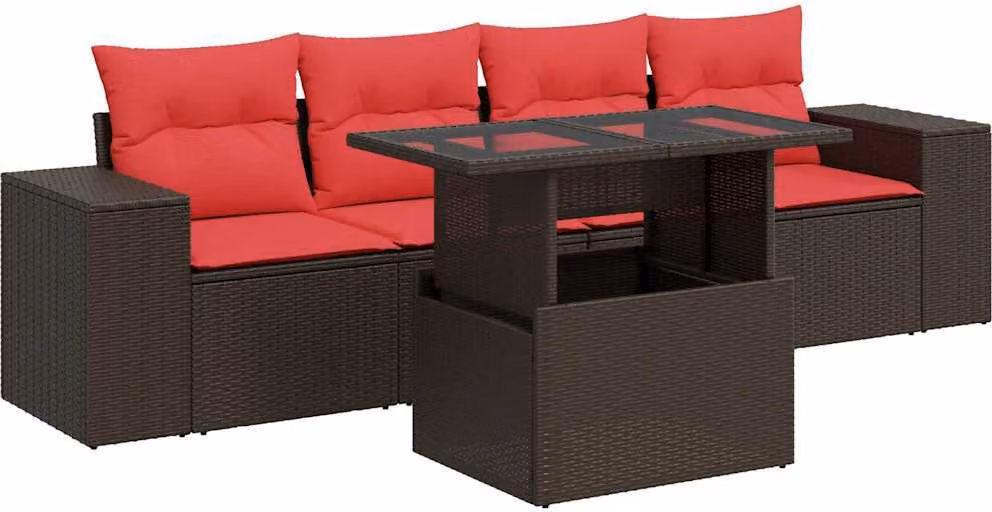 Set Divano da Giardino 5 pz Cuscini Marrone Polyrattan e Acacia
