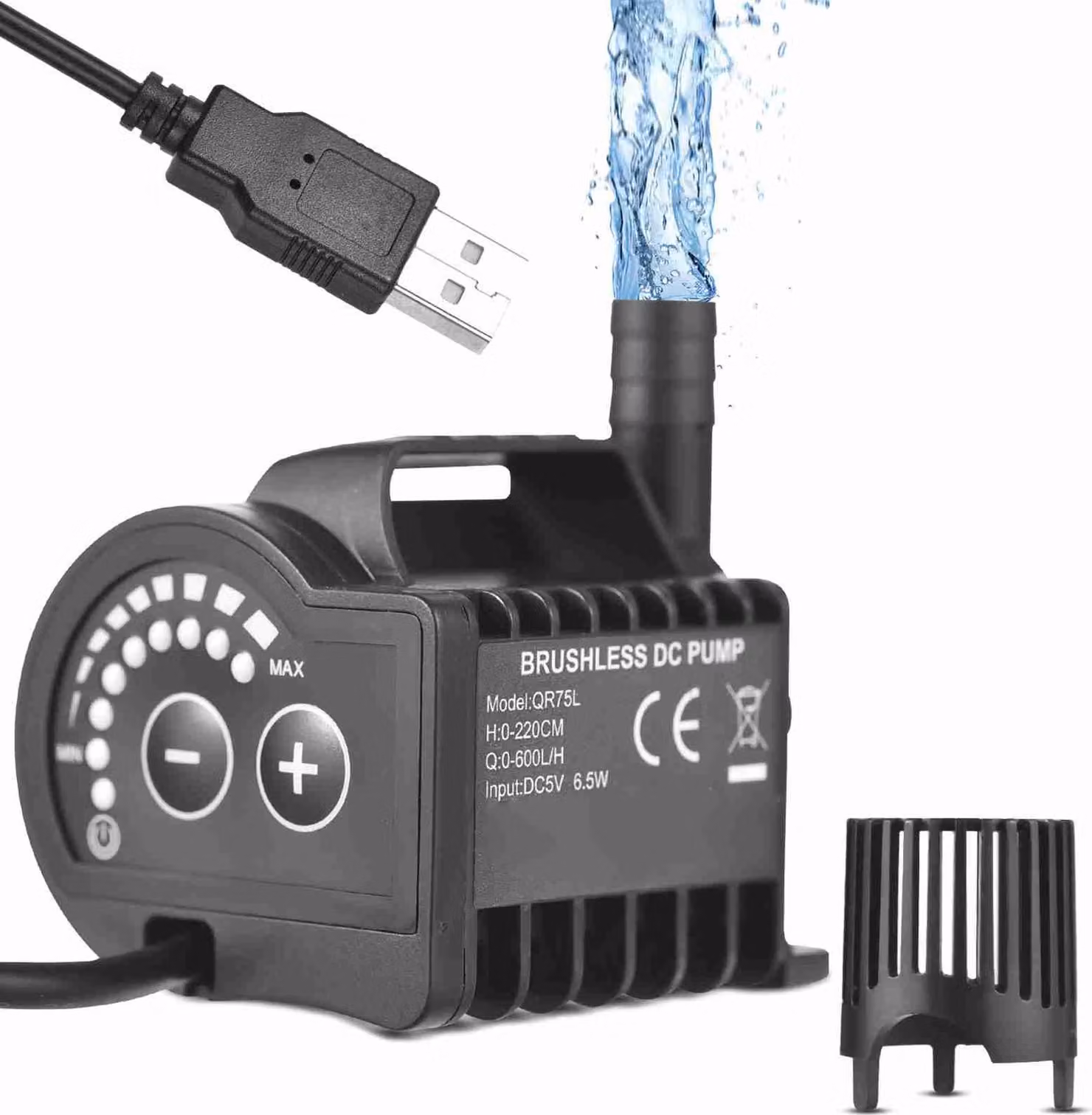 Pompa sommergibile da 5 V, 8 livelli, regolabile, 0-600 l/h, piccolo pozzo con corsa 0-7,2 piedi, base di aspirazione e ricarica USB da 6,5 piedi, mini portatile per acquari, laghetti, acquari, abbeveratoi per animali domestici