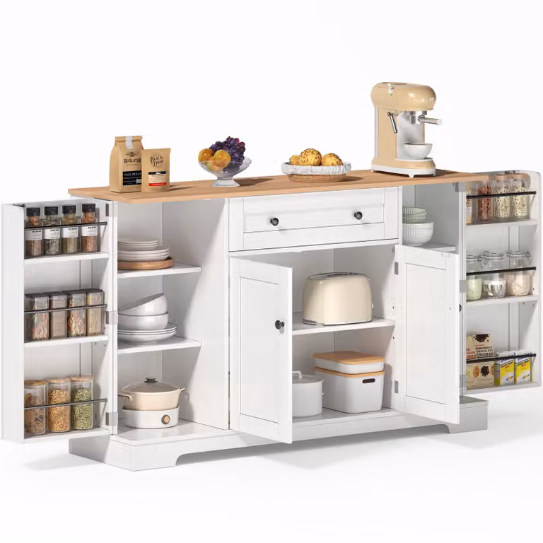 Credenza moderna, buffet da cucina, mobile multiuso, mobile di servizio con ampio spazio contenitivo, ripiani con sponde di protezione, supporto a muro con funzione anti-ribaltamento