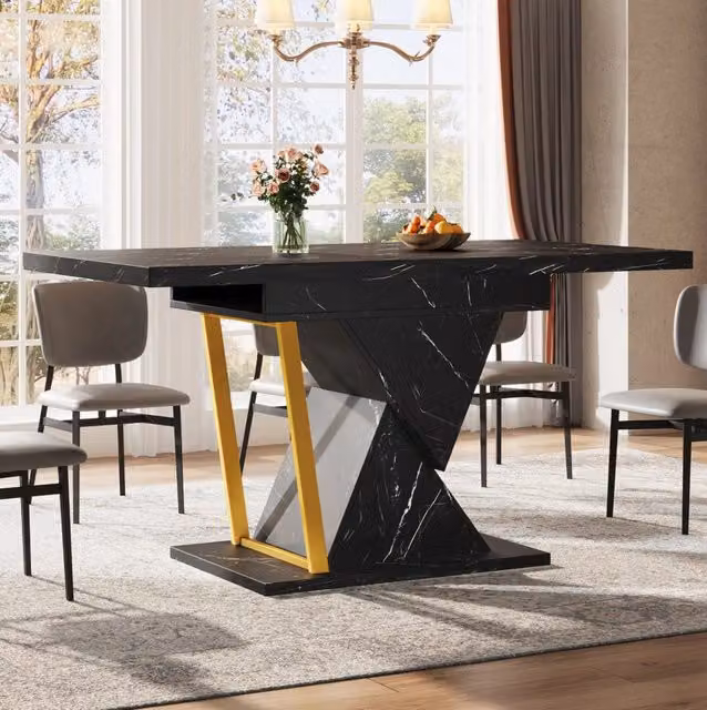 Tavolo da pranzo allungabile ULEVR 110-140x80x76 cm con piano effetto marmo, nero, MDF e metallo
