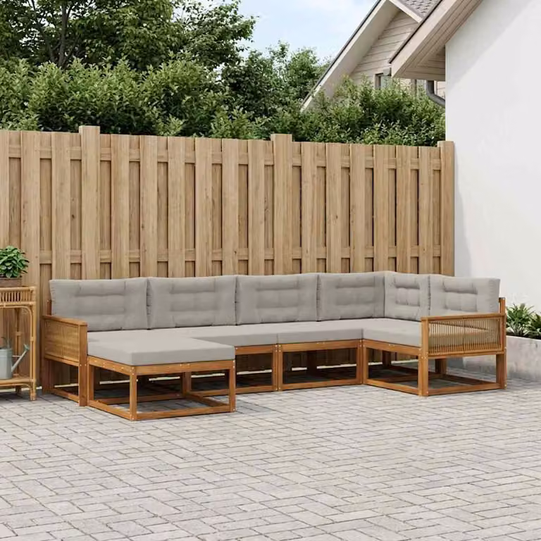 Set di divani da esterno vidaXL a forma di L composto da 6 pezzi in legno di acacia con cuscini, colore beige e grigio chiaro