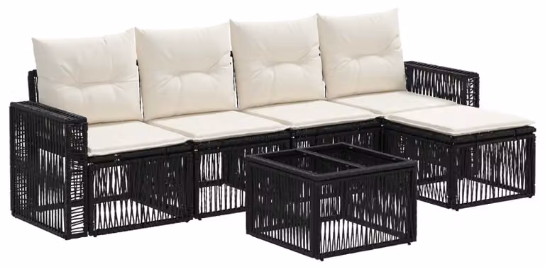 Set Divano da Giardino 6 pcs Nero e Bianco Crema polyrattan