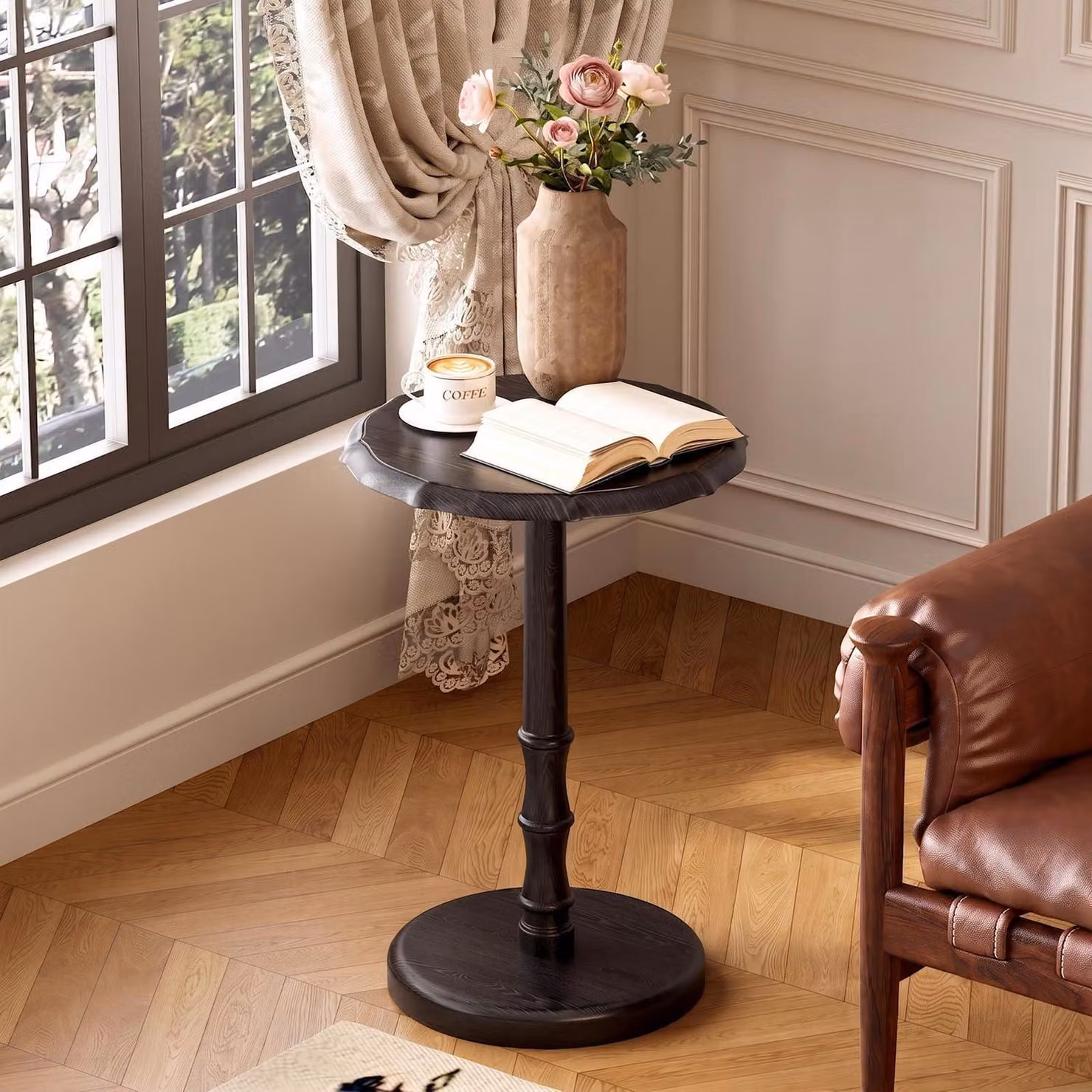 Tavolino laterale rotondo in legno massello, nero, diametro 40 cm, altezza 60 cm