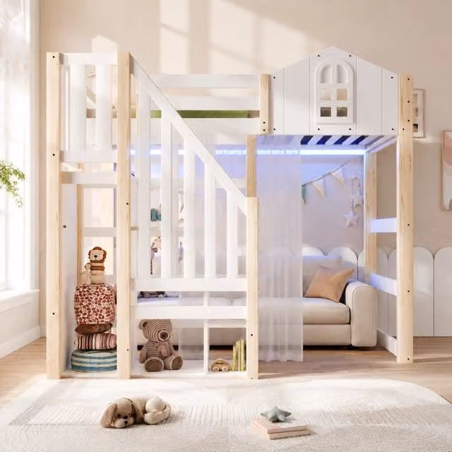 Letto a soppalco ULEVR 90x200 cm con LED, scala contenitore e vano aperto, bianco e naturale