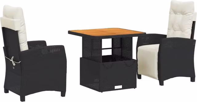 Set da Pranzo da Giardino 3 pz | Set Salotto da Giardino con Cuscini Nero in Polyrattan