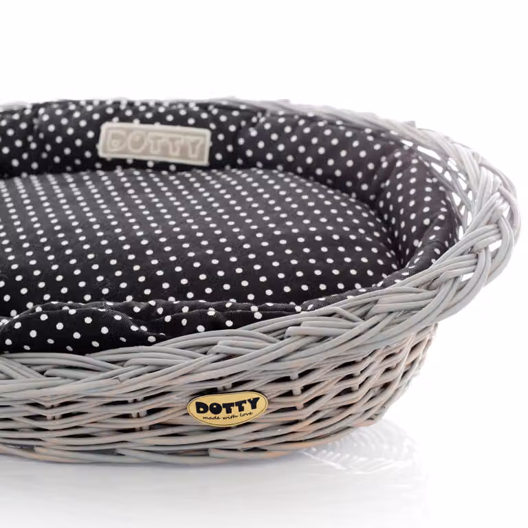 Cesto di vimini grigio dipinto a mano Cesto vichingo con cuccia in cotone - Nero a pois bianchi - Lavabile e morbido - DOTTY