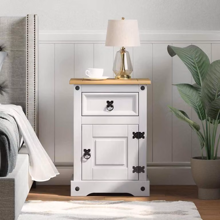 Comodino Corona vidaXL in pino massello bianco L: 45 cm, P: 35 cm, H: 64 cm