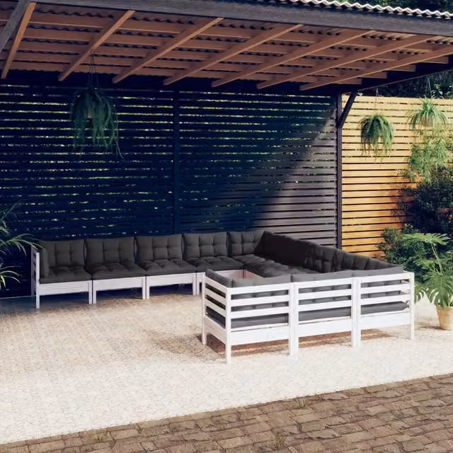 Set di Divani da Giardino a L vidaXL in Legno di Pino con Cuscini Bianchi e Antracite 11 Pezzi