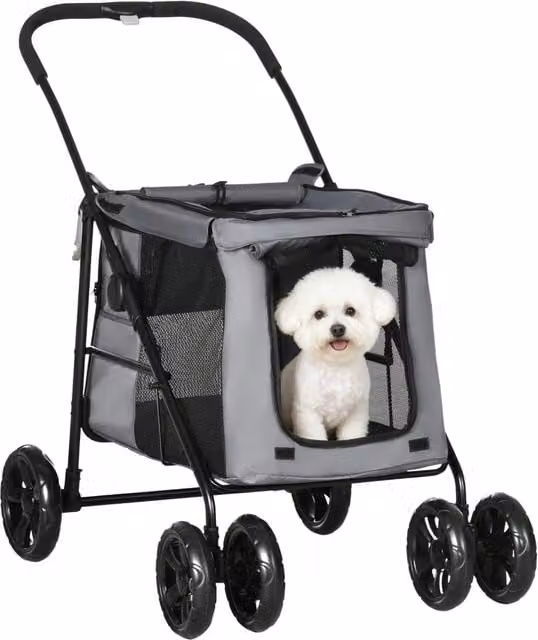 Passeggino per cani e gatti 102 x 62 x 105 cm pieghevole con freno per uso esterno moderno ed essenziale in tessuto oxford grigio 21_0007242