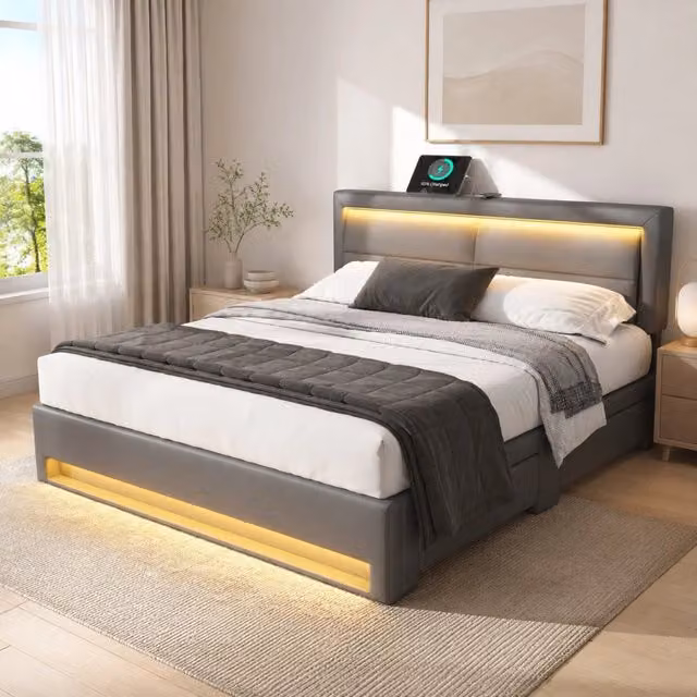 Letto imbottito 140x200 cm in PU grigio con USB; LED e 4 cassetti