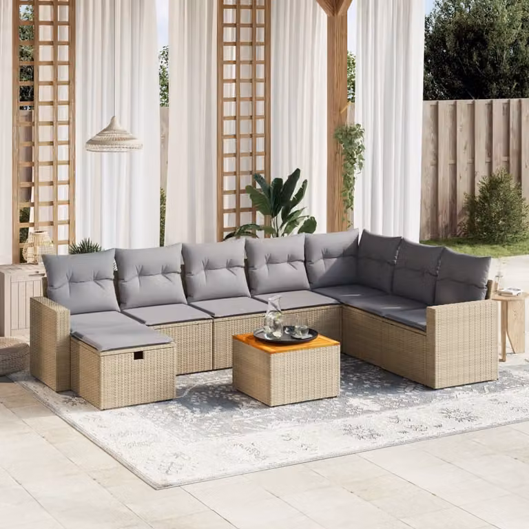 vidaXL Set Divano da Giardino a L 9 pz con Cuscini Beige e Grigio in Polyrattan e Acciaio