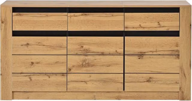 Sideboard in pannello truciolare 140×35×70 cm con 3 cassetti e ripiani regolabili, colore legno naturale
