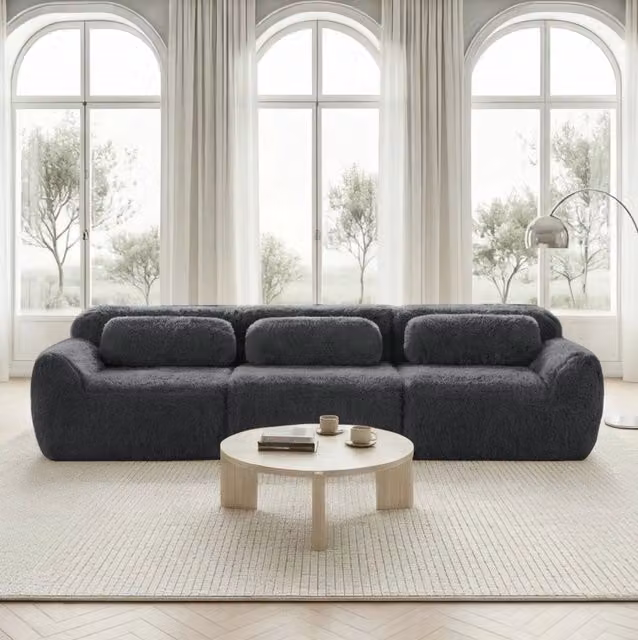 Divano modulare 3 posti in tessuto plush grigio; 291x104x73 cm; senza montaggio con base antiscivolo