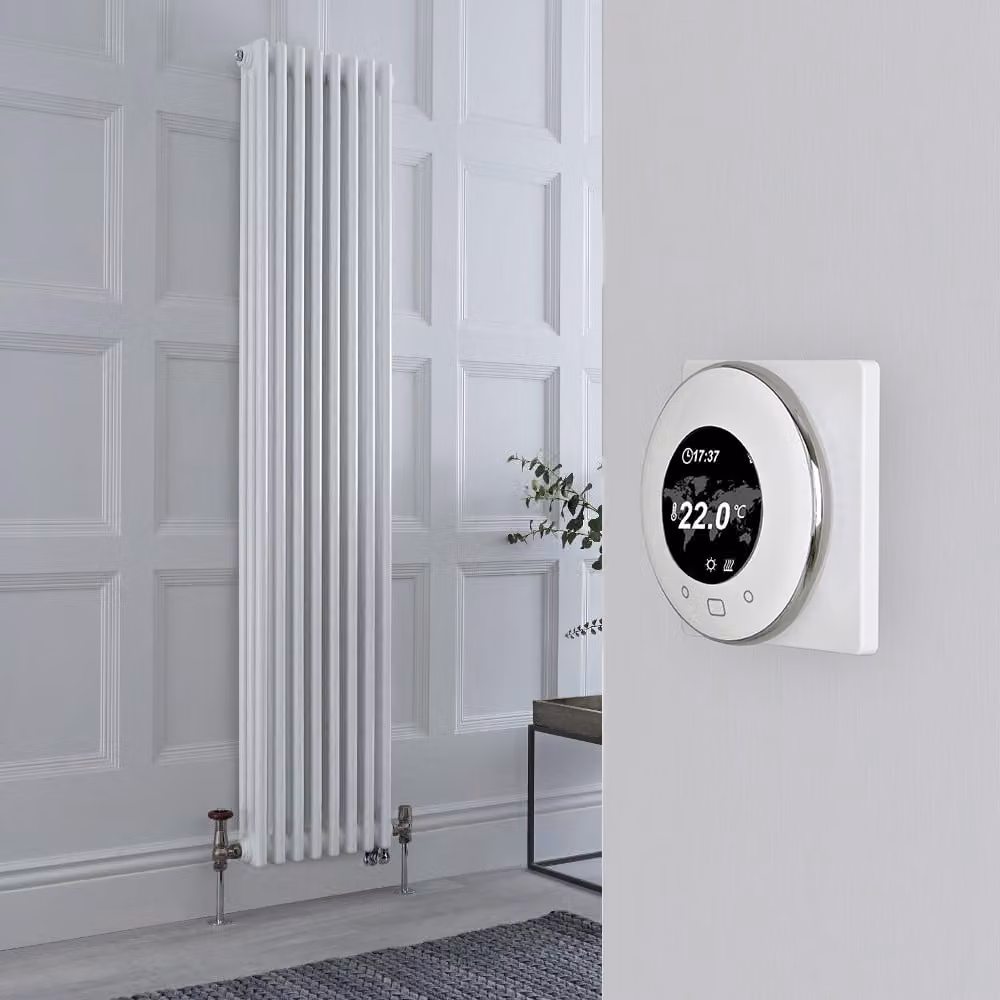 Radiatore Misto Verticale Bianco Triplo con Valvole in Nichel Satinato con Termostato WiFi - 1800mm x 380mm - Regent