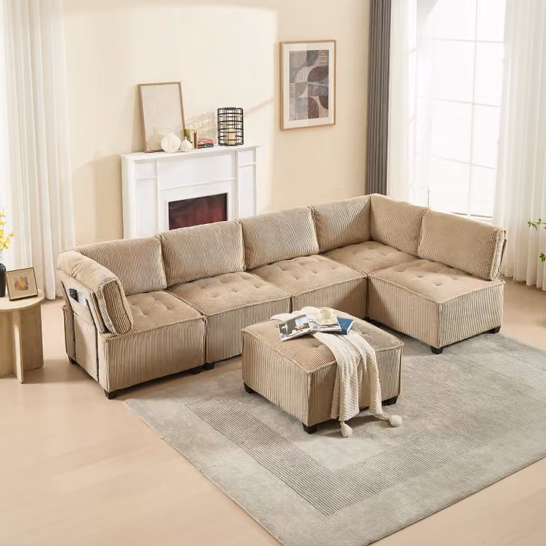 LVHOM Divano modulare a U 308 x 82 x 154 cm, 6 posti con funzione letto, divano angolare modulare in velluto, divano trasformabile in schiuma, set divano, color kaki