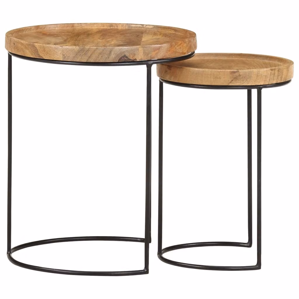 Set Tavolini da Salotto 2 pz Legno Massello di Mango e Acciaio
