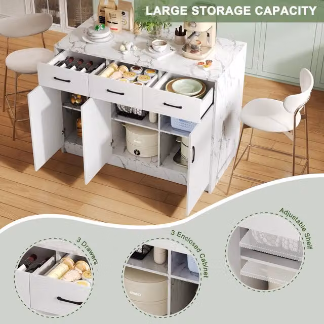 Isola Cucina con 3 Cassetti e 3 Ante ¨C MINIMAL ¨C Effetto Marmo Bianco, 120x60x90,5 cm