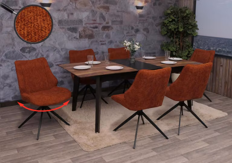 Set di 6 sedie da pranzo modello HWC-O48, sedia da cucina, girevole con sistema di ritorno automatico, rivestita in tessuto chenille (320g/m²), colore rosso-marrone
