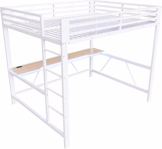 Letto a soppalco in metallo 160x200 con scrivania, illuminazione LED e porta USB, bianco