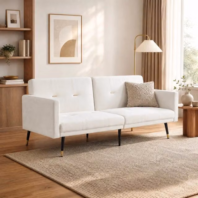 Divano letto 2 posti in velluto beige con schienali regolabili HOMVRA