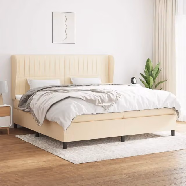 Letto Ibrido vidaXL con Giroletto a Molle e Materasso in Tessuto Beige e Bianco L/P/H: 203 x 203 x 128 cm