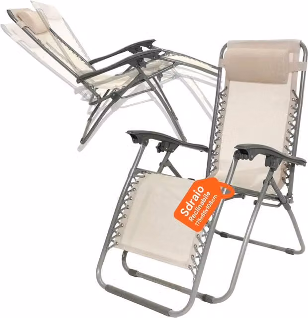 Sdraio da esterno Zendea beige con struttura in acciaio verniciato a polvere, poggiatesta regolabile e braccioli