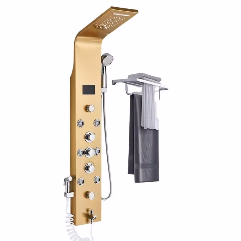 Sistema di pannelli doccia a LED, controllo a tre livelli, montaggio a parete, oro 8009