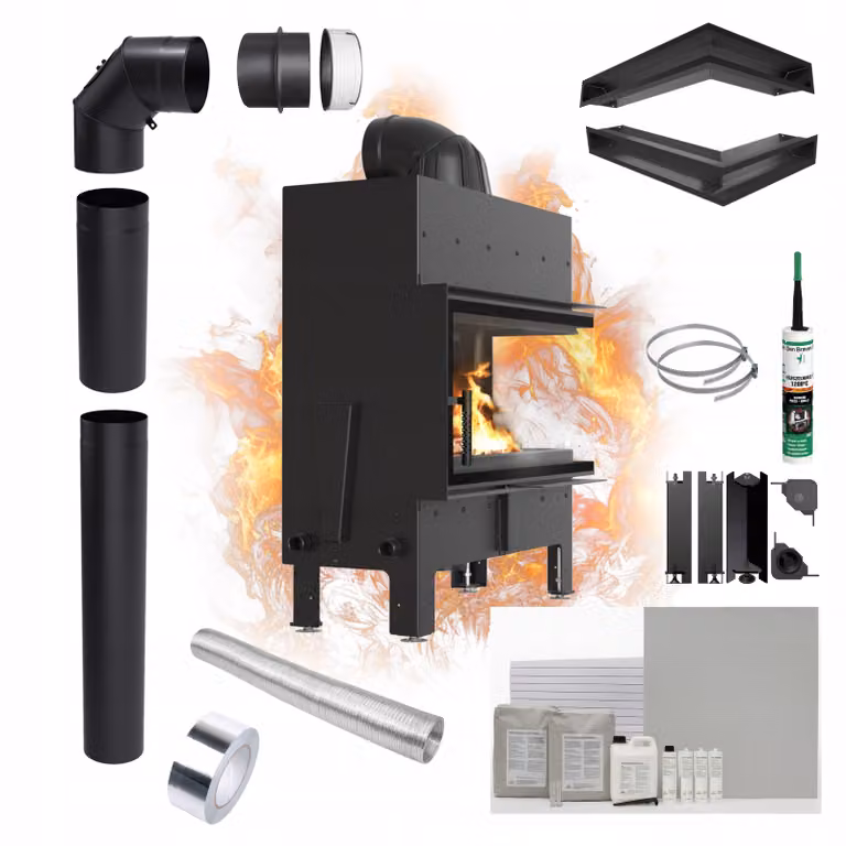Camino KRATKI FLOKI L Right 12kW Ø200 Nero Set con presa d'aria