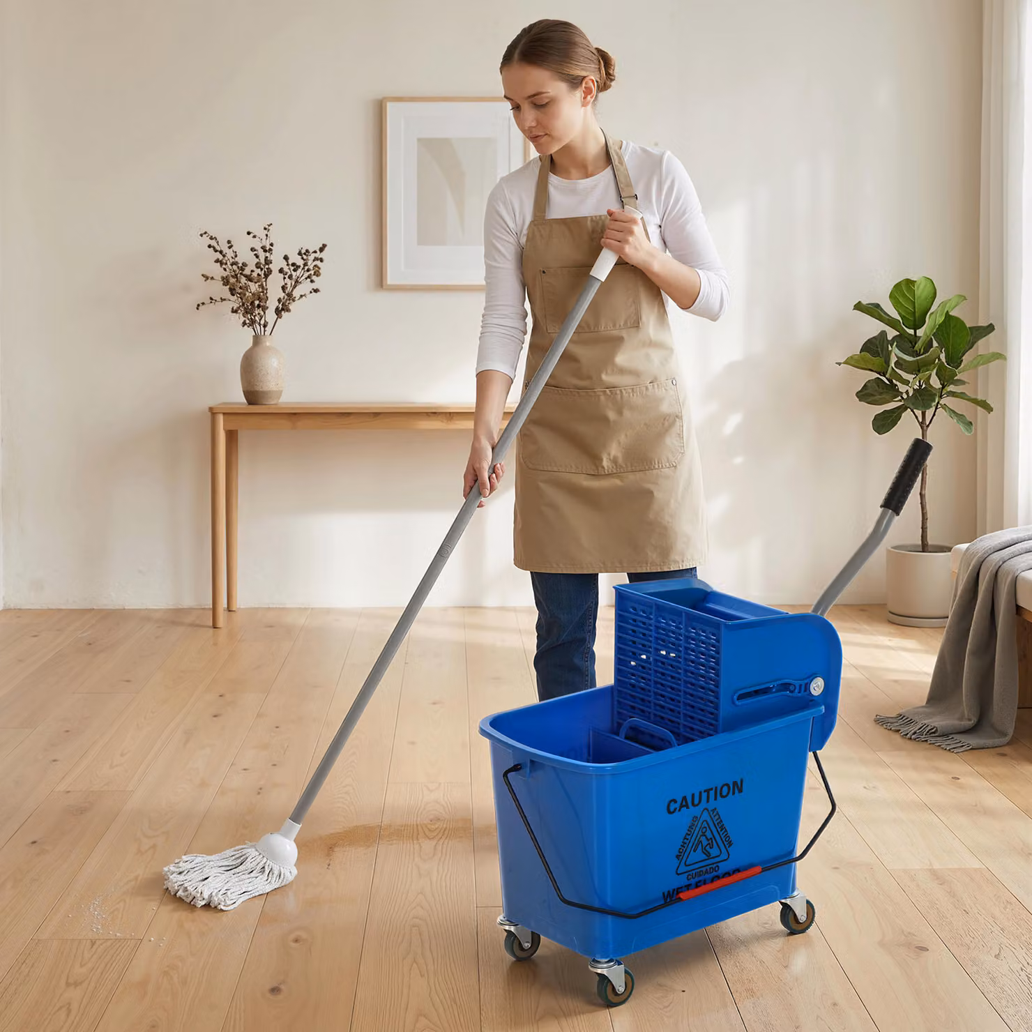 Secchio per lavaggio HOMCOM con strizzatore, pannello separatore e ruote, capacità 20 L, Blu, L: 45 cm, P: 26,5 cm, H: 70 cm – 2