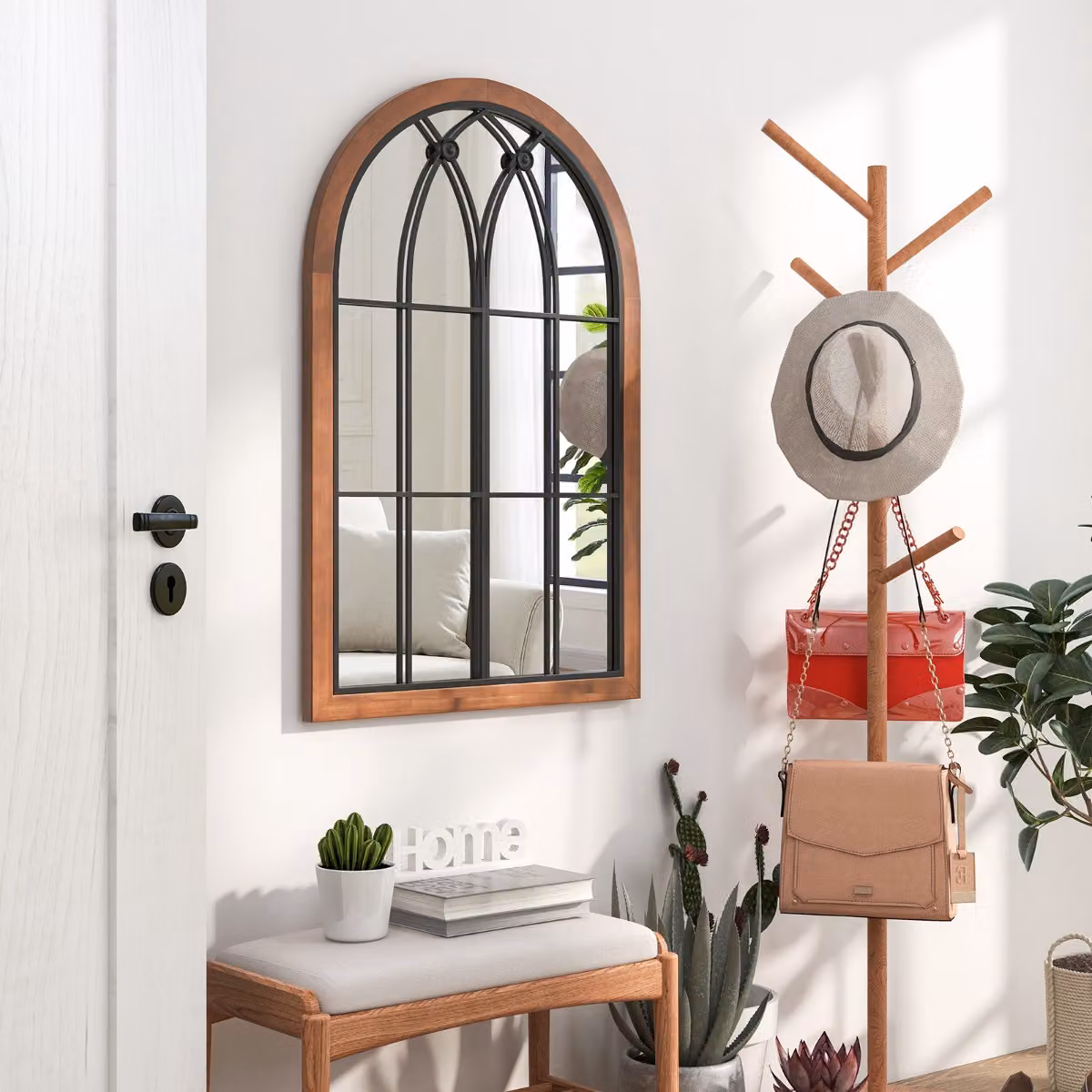 Specchio da parete ad arco Costway con cornice in legno e finitura bianca, L: 60 cm, H: 90 cm