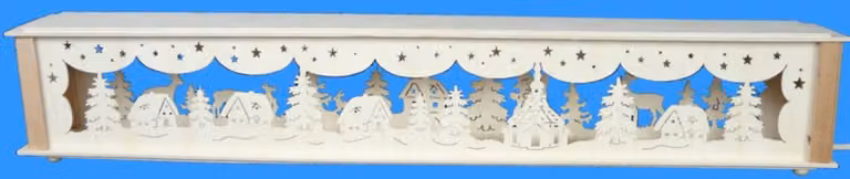 Aumento di livello con piccole case e illuminazione. Dimensioni: 72x10x10 cm. NUOVO