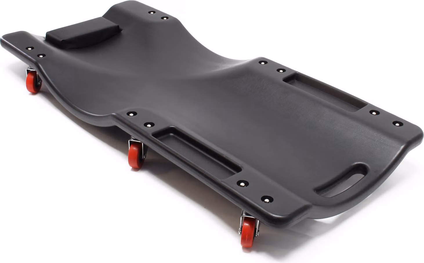 Banco di montaggio auto Wiltec 90x40x9cm fino a 90 kg in plastica, piano a rulli con poggiatesta rimovibile e vani porta attrezzi, banco a rulli, banco da officina