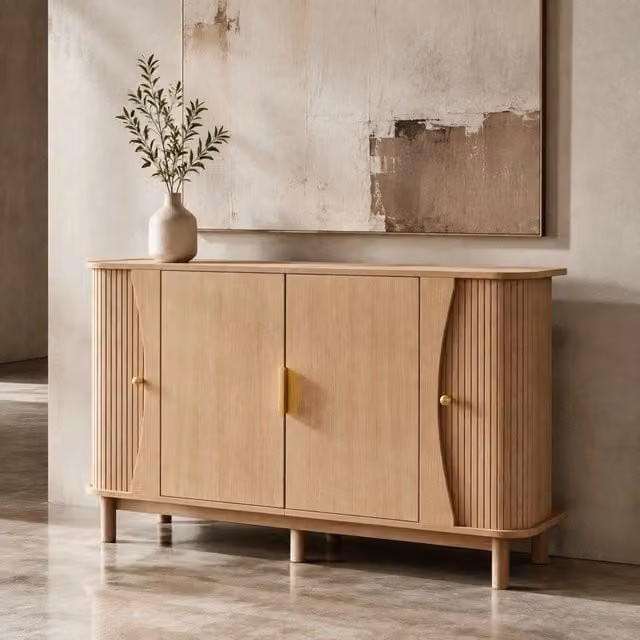 Credenza ULEVR 140x40x88 cm con 2 ante scorrevoli e ripiano regolabile, MDF finitura noce naturale