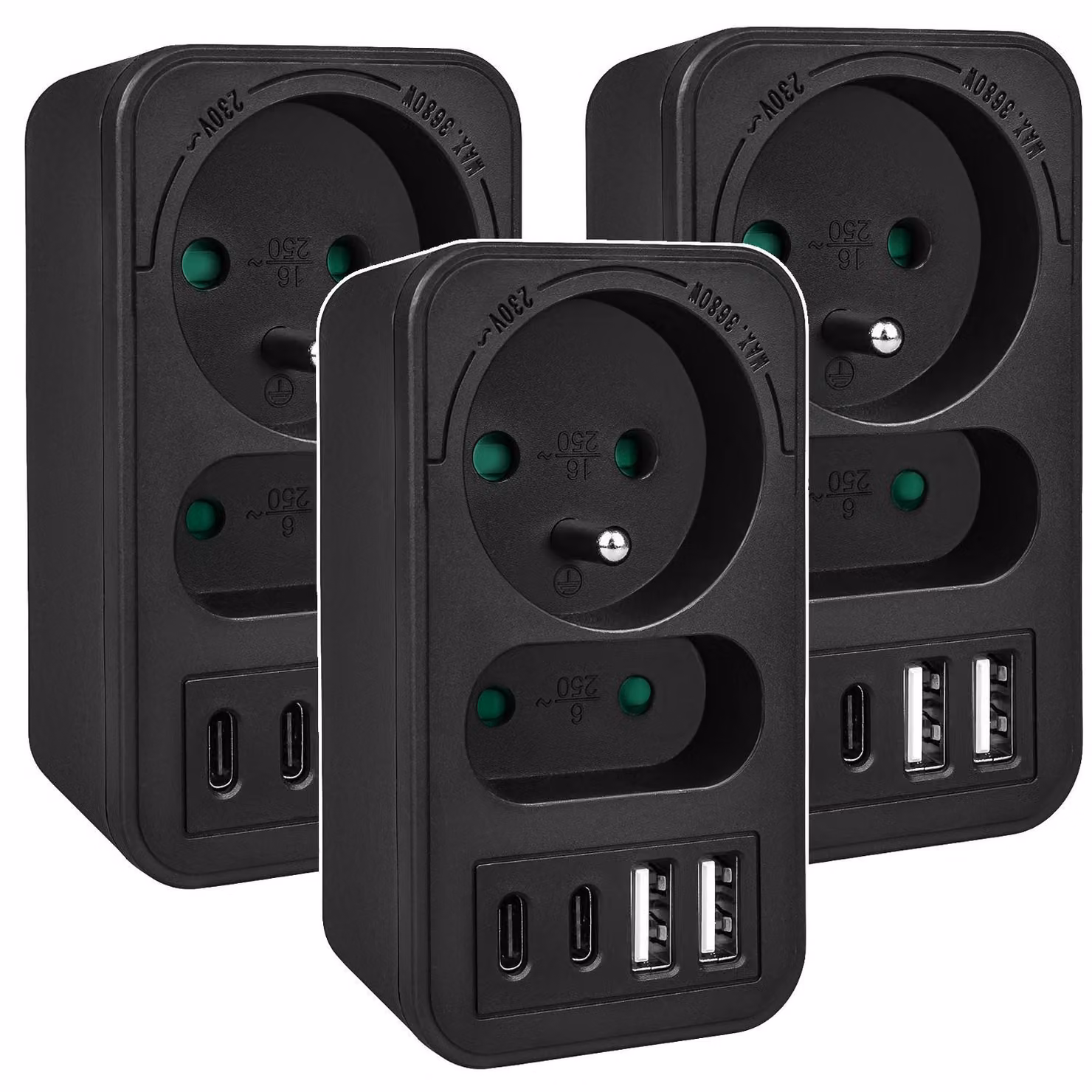 Presa di corrente Maclean x2 + splitter 4xUSB con 2 prese 2xUSB A 2xUSB C PD 20W 1x16A + 1x6A MCE249 F/B 3 pezzi