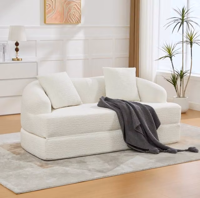 Divano letto 157x84x65 cm beige 2 posti in ciniglia con 2 cuscini
