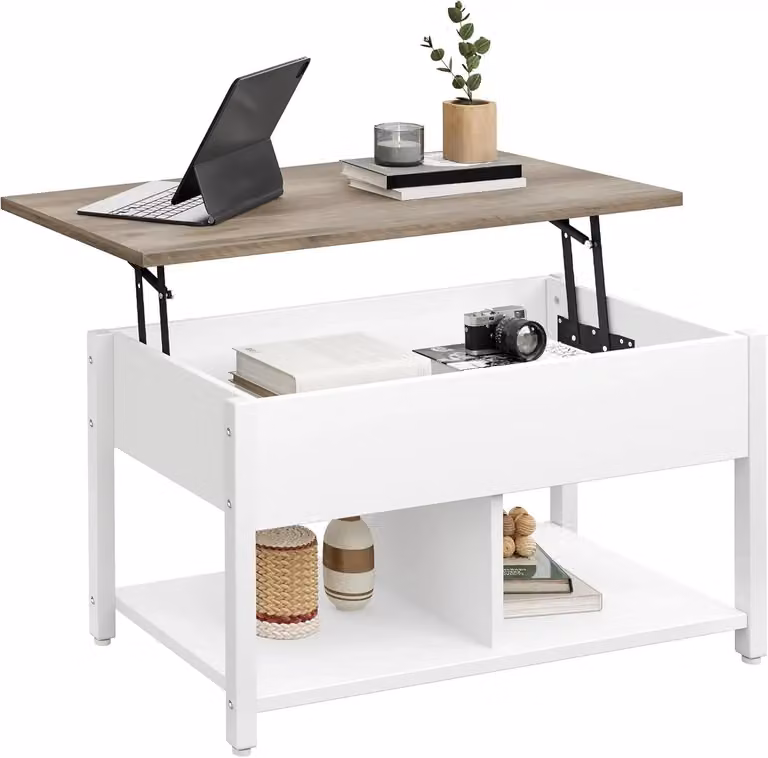 Tavolino da salotto - Tavolino regolabile in altezza con due livelli - Scomparto di stoccaggio nascosto - Struttura in metallo rettangolare - Stile moderno e minimalista - Colore 1