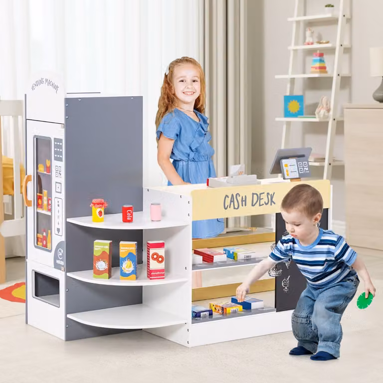 Set di giocattoli supermercato Costway con cassa e distributore automatico, Bianco