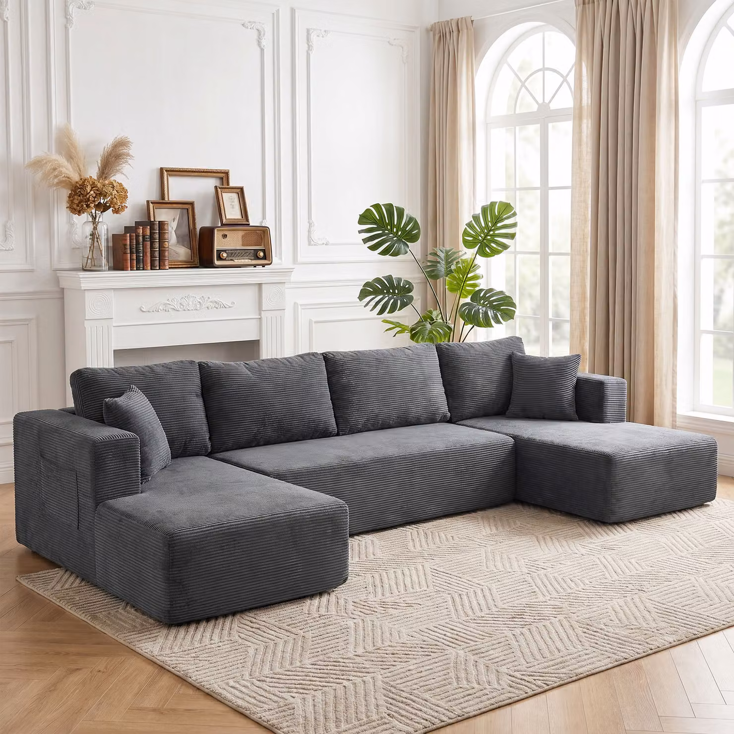 Divano Modulare HOMCOM a 4 Posti con 2 Chaise Longue e 6 Cuscini, Design a U in Velluto Grigio, L/P/H: 369 x 152 x 78 cm – 2