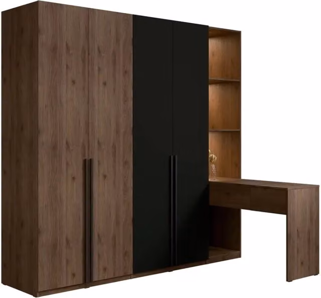 Armadio Meublorama NORVIK con toeletta integrata, 4 ante, colore noce e nero, con specchio e illuminazione LED