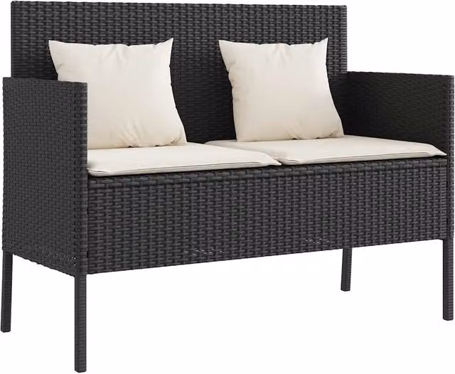 Panchina da giardino moderna in polyrattan con cuscini neri e bianchi e braccioli – 1