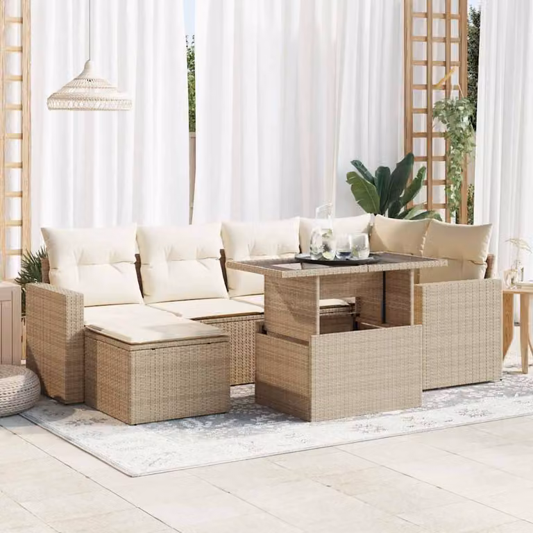Set di divani da giardino vidaXL in polyrattan con cuscini beige, 7 pezzi